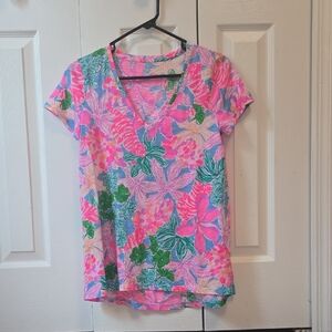 Lilly Pulitzer Pink and Green Floral Short Sleeve Top